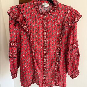 Sundance Auri Ruffle Shirt / Blouse – Size Large – Red  – Preowned 100% Cotton